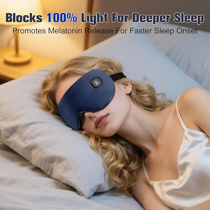 Heated Eye Mask, Rechargeable Detachable Washable Faux Silk Electric Cordless Dry Eyes Warmer Compress Graphene Sleep Mask Travel Gifts for Men Women, 3 Heat Levels & Auto-Off, Dark Blue