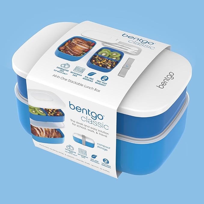 Bentgo Classic - Adult Bento Box, Stackable 3-Compartment Lunch Box with Removable Utensil Set and Sealing Strap, BPA-Free, Food Container Ideal for Meal Prep, Work, and On the Go (Blue)