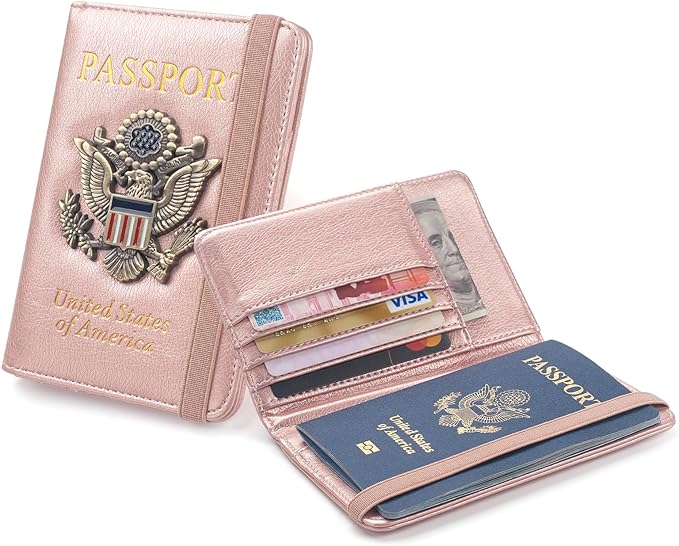 Coowayze US Passport Holder Wallet for Travel Men Women RFID Blocking Passport Cover Case, Waterproof Pink Leather Passport Book Protector with Vaccine Card Slot Travel Document Organizer