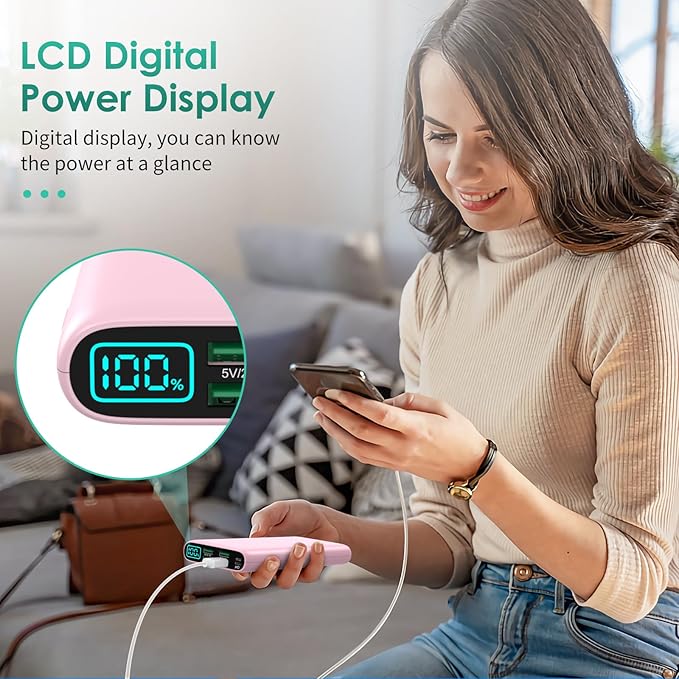 Portable Charger 38800mAh,LCD Display Power Bank,5 USB Outputs Battery Pack Backup, USB-C 3A in&out Travel Essential Portable Phone Charger For iPhone 17/16/15/14/13 Pro/12,Android Samsung Galaxy-Pink
