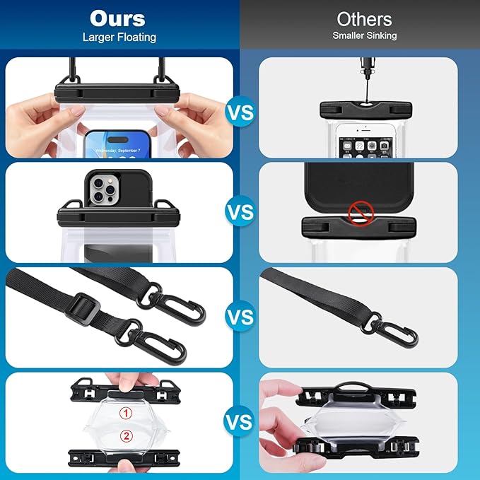 2 Pack Large Waterproof Phone Pouch, Waterproof Phone Case for iPhone 16 15 14 13 Pro Max Galaxy S25 S24 All Devices, IPX8 Double Sealing, Floating Water Proof Bag for Beach Water Park