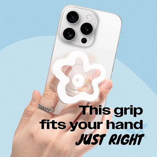 OnTheGrip Cute Transparent Daisy Flower Shape Design Mobile Phone Grip Multi Functional Collapsible Stand Holder for Smartphone Tablet Cell Phone Accessory (White)