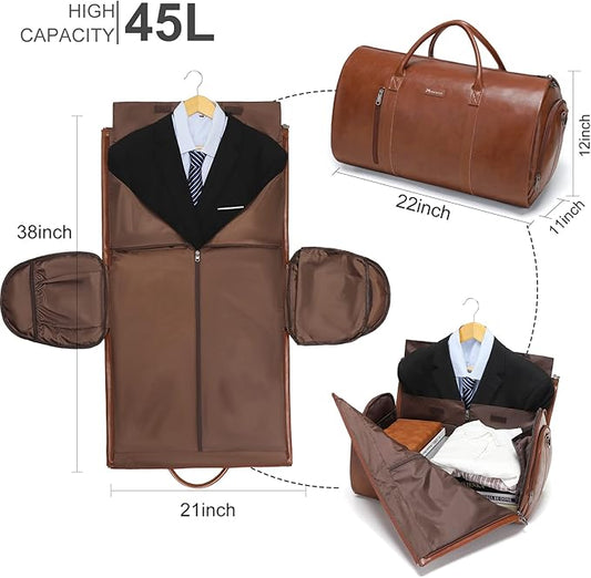 Leather Garment Bag for Travel, Modoker Carry On Travel Bag with Shoulder Strap - Ideal for Business Trips and Weekend Getaways - The Garment Duffel Bag for Traveling Men Women, Light Brown