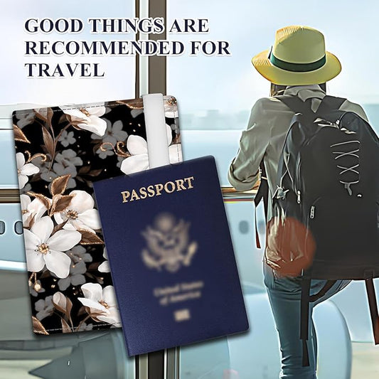 Passport Holder for Travel Essentials, RFID Premium Leather Passport Wallet Cover Case for Travel Must Haves Accessories, Passport Book Holders for Women Men Black Cute Flowers