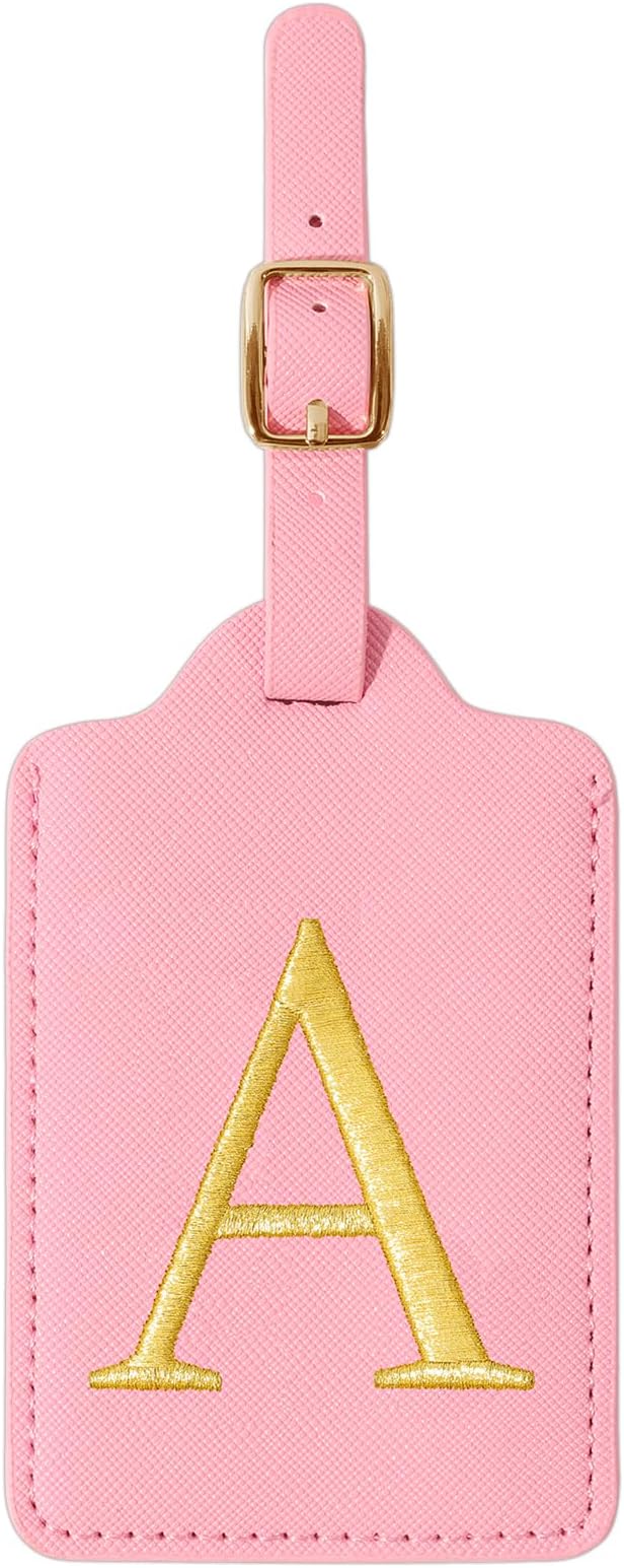 Personalized Initial Luggage Tags for Suitcase, Pink Leather Cute Luggage Tags with Privacy Cover Name Card, Embroidered Custom Monogrammed Luggage Tag Travel Bag Baggage Tags Gifts for Women Kids(A)