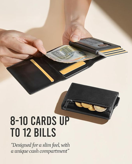 YESIIW Mens Slim Wallet with Premium Genuine Leather - Pop up Mens Wallet Card Holder for 8-10 Card Capacity | ID Window | Cash Slot | Coin Pocket | RFID Blocking - Slim Wallet for Men (Black)