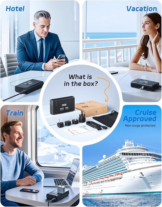 DOACE 220V to 110V Converter - 800W Voltage Converter US to Europe for Hair Straightener, Curler, Phone, Power Converter with 2 USB C & 2 USB A Ports, European Travel Plug Adapter UK, US, AU, EU