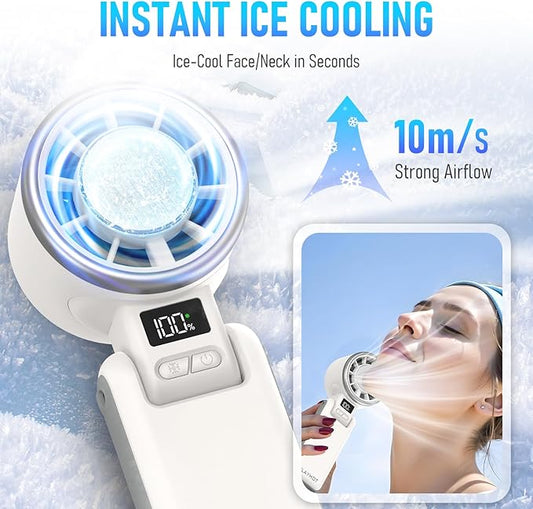 Portable Handheld Fan with Ice Cooling, Personal Fans Portable Rechargeable, Up tp 12Hrs Cooling, 5 Speed 25550RPM Hand Fan Rechargeable for Travel, Outdoor, Camping, Hiking (White)