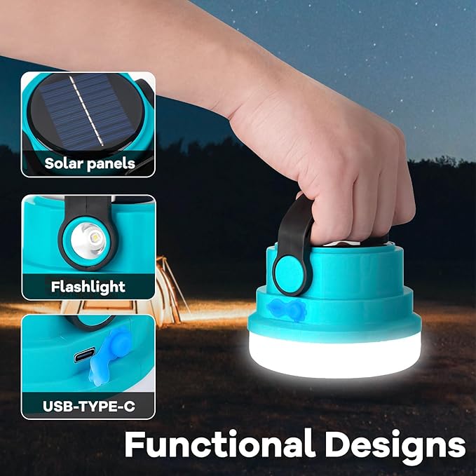 Solar Camping Lantern Rechargeable, 2-in-1 10000mAh Rechargeable Camping Light and Phone Charger for Hiking,Travel - Emergency Hanging Light for Hurricane, Power Outage, 100W, Blue