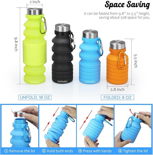 Nefeeko Collapsible Water Bottle, Reuseable BPA Free Silicone Foldable Water Bottles for Travel Gym Camping Hiking, Portable Leak Proof Sports Water Bottle with Carabiner