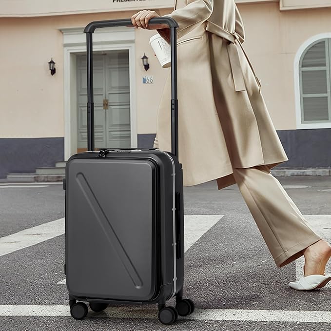 MILADA Wide Handle Luggage with Front Pocket Hardshell Aluminium Check In Suitcase with Wheels Medium 24 Inch Front Opening Checked Luggage with Spinner Wheels TSA Lock Airline Approved Luggage, Black