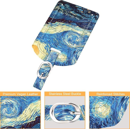 FINTIE 2 Pack Luggage Tags, Leather Name ID Labels with Privacy Cover for Travel Bag Suitcase, Theme - Starry Night