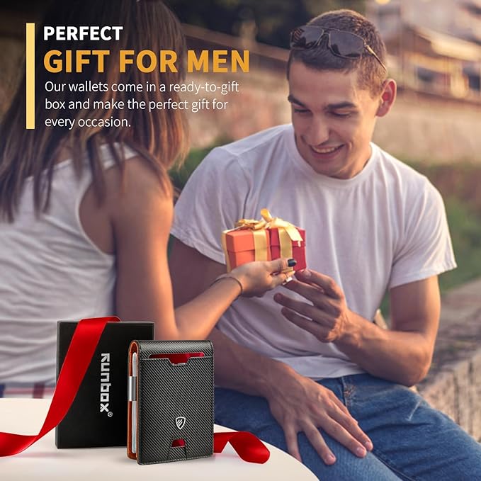 RUNBOX Mens Slim Wallet with Money Clip RFID Blocking Bifold Credit Card Holder for Men with Gift Box