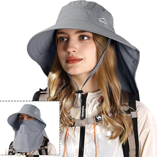 Rosoz Sun Hat for Men Women with Neck Flap,Wide Brim UPF50+ Fishing Hat with Detachable Face Cover Outdoor Sun Protection Hat