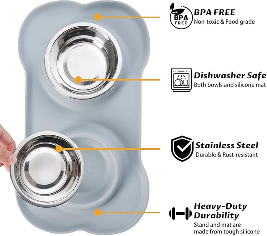 Hubulk Pet Dog Bowls 2 Stainless Steel Dog Bowl with No Spill Non-Skid Silicone Mat + Pet Food Scoop Water and Food Feeder Bowls for Feeding Small Medium Large Dogs Cats Puppies (Large, Gray)