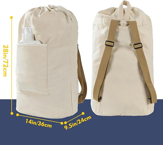 Canvas Laundry bag, Washable Laundry backpack, Adjustable Straps, Large Front Pocket, Drawstring Closure (BEIGE, X-Large)
