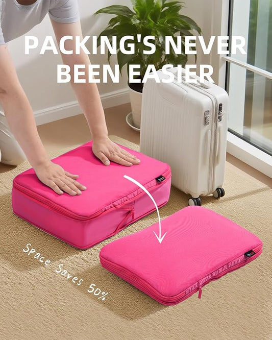 6 Set Compression Packing Cubes for Travel, Large Medium Small Luggage Organizers, Storage Bags for Clothes (6 Pack, Rose Red)