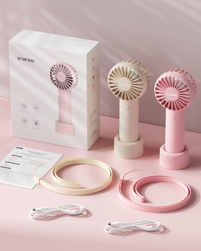 Coohea 2-Pack Pink & Beige Handheld Fan, Small Cute Design, 3 Powerful Speeds, Operated by USB/Rechargeable Battery, Personal Portable Fan with Base & Lanyard, for Eyelash Makeup Travel Beach Desk