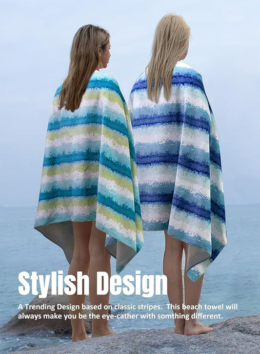 cabanana Large Beach Towel Oversized - Cotton Velour 35 x 70 Inch Coast Waves Camo Striped Terry Pool Towel, Cabana Soft Swimming Towel for Adults Women Men (Teal Green)