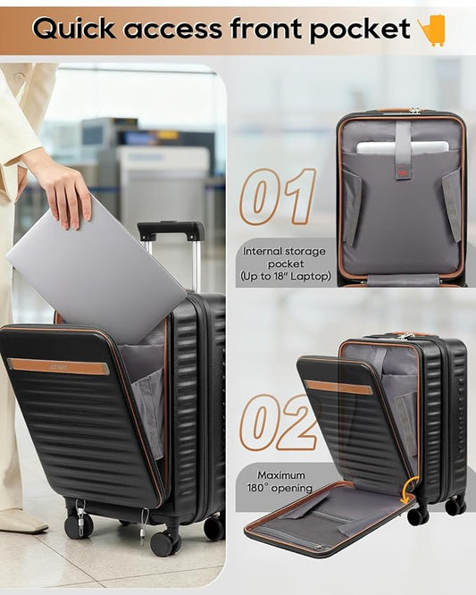 Joyway Carry on Luggage Airline Approved with Front Compartment and Cup Holder, 20 Inch Hard Shell Carry-on Suitcase with Spinner Wheels and TSA Lock for Women Men (Black, 20 Inch)