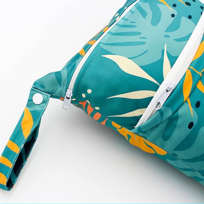 Wet Dry Bag Waterproof Reusable Wet Bag for Swimsuit, Travel, Beach, Pool, Bathing, Diapers, Dirty Yoga Gym Clothes Toiletries Daycare Organizer with Two Zippered Pockets (green leaf)