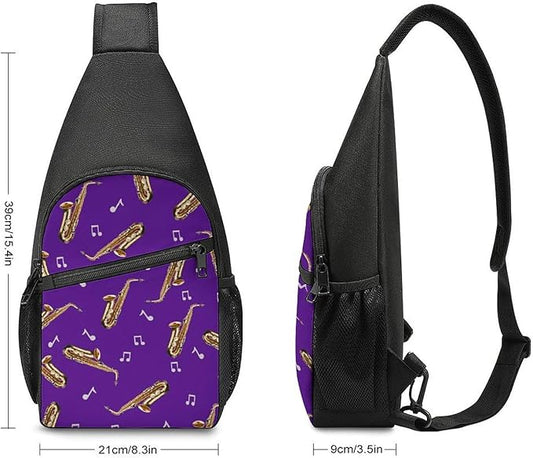 SWEET TANG Womens Fashion Gym Bags Anti Theft Crossbody Shoulder Chest Bag with Small Pocket, Multipurpose Daypack Bag for Cycling Traveling Hiking, Saxophone And Music Purple