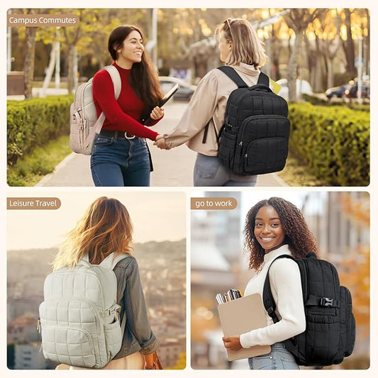 CLUCI 17.3 Inch Laptop Backpack for Women, Anti Theft Travel Backpack, Puffer Quilted Work Backpack, Water Resistant College Bookbag, Carry on backpack with RFID (Beige)