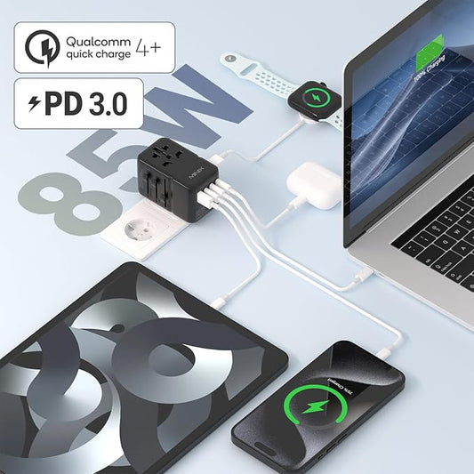 MINIX 85W Universal Travel Adapter, GaN III International Power Adapter, 3 USB-C 2 USB-A Ports, AC Outlet, Worldwide US/UK/EU/AU Travel Charger for Laptops Tablets Phones and More