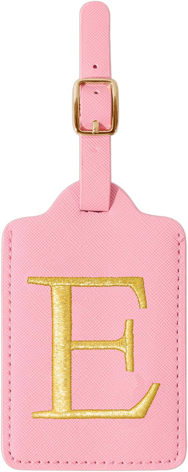 Personalized Initial Luggage Tags for Suitcase, Pink Leather Cute Luggage Tags with Privacy Cover Name Card, Embroidered Custom Monogrammed Luggage Tag Travel Bag Baggage Tags Gifts for Women Kids(E)