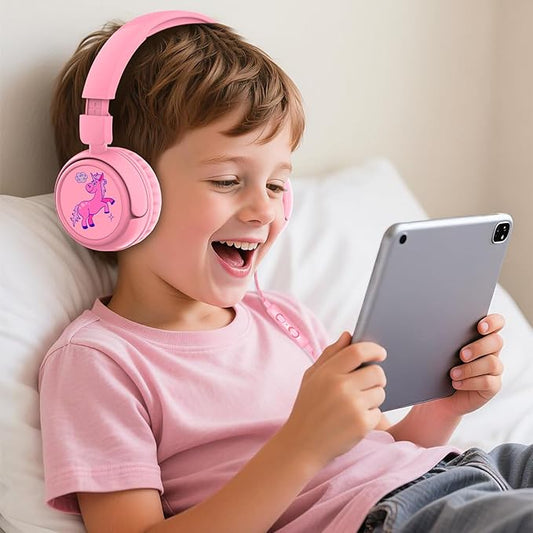 K6 Kids Headphones, 85/94dB Volume Limit Wired Headphones for Kids,3.5mm Jack Foldable Stereo Sound Toddler Headset with Mic, On-Ear Headphone for Smartphones/iPad/Tablet/Plane/Travel (Pink)