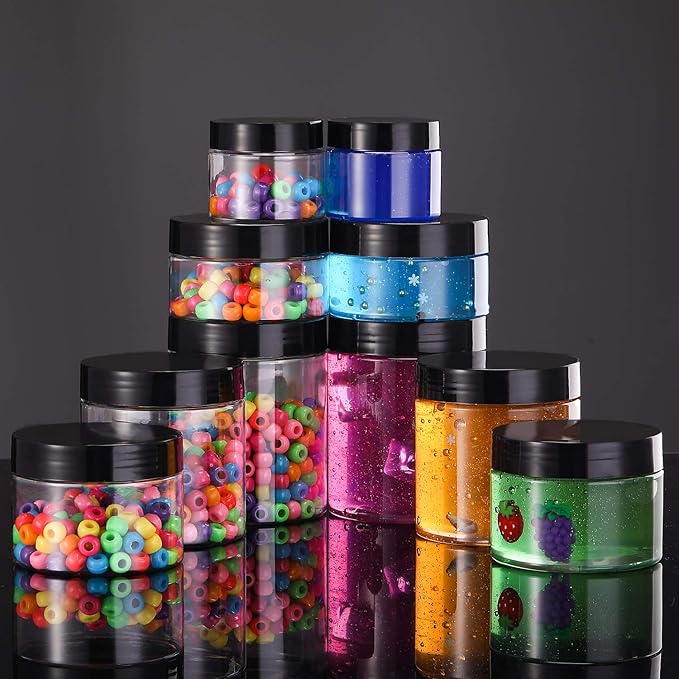 SATINIOR 12 Pack 2 oz Plastic Container Jars with Lids Round Clear Travel Cosmetic Container Slime Jars for Toiletries, Lotion, Cream, Ointments, Makeup, Rhinestone, Samples, Kitchen Storage(Black)