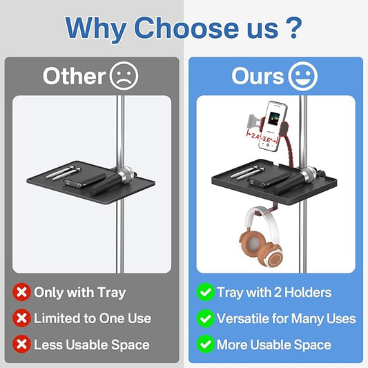 Functional Microphone Stand Tray with Adjustable Mic Stand Phone Holder - 8.7"x6.5" Mic Stand Tray Shelf Clamp-On Music Stand Accessory for Live Streaming Karaoke Recording