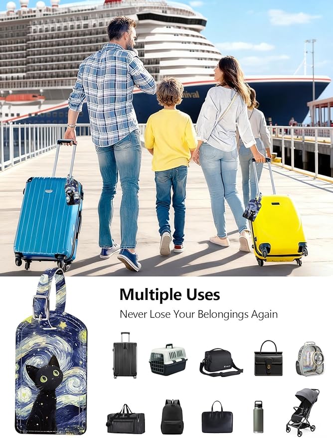 Luggage Tags Built-in Anti-Loss Tracker, Luxury Leather Luggage Tags for Suitcase, Travel Bags, Backpacks, Travel Organizer for Lost Baggage Prevention (Starry Cat)