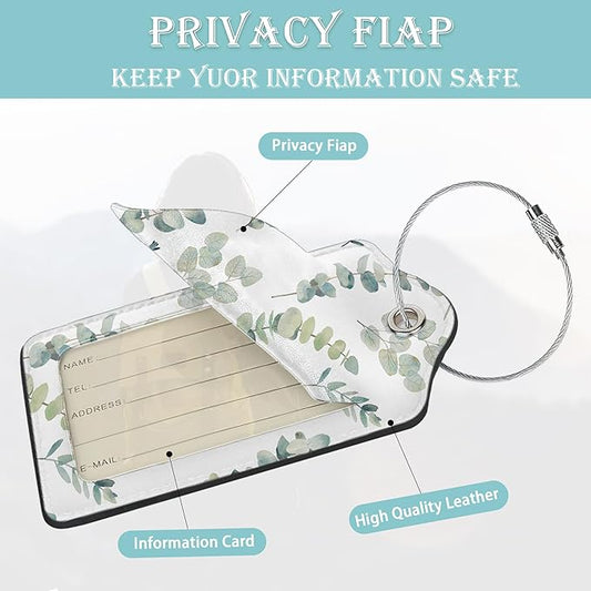 Luggage Tags Set of 2 Eucalyptus Leaves Watercolor Leather Suitcase Tags with Stainless Steel Loop and Privacy Cover for Women Men Travel Luggage Accessories