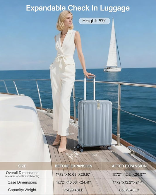 Hanke 24 Inch Expandable Luggage Top Opening Checked Bag Luggage Hard Shell Suitcases with Wheels Lightweight Travel Luggage Medium Suitcase with Lock for Woman Men-Grey