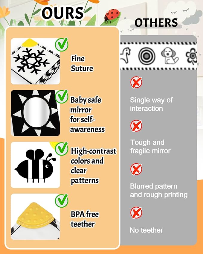 Baobrava High Contrast Baby Toys, Black and White Newborn Toys for Brain Development, Soft Baby Books, Infant Sensory 0-6-12 Months, Tummy Time Toy, Visual Stimulation Montessori Gift