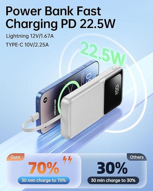 Portable Charger with Built in Cable - Power Bank Fast Charging USB C LED Display 10000mah Battery Pack 5 Outputs & 3 Inputs for Travel Essentials iPhone Samsung Android Phones Tablets Grey