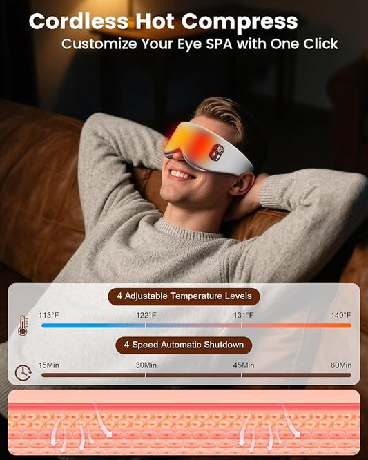 Heated Eye Mask - Cordless Eye Mask for Dry Eyes, Eye Relief, Improved Sleep, Timed Shutdown, 4 Temperature, Washable Eye Heating Pad for Travel, Removable for Cleaning - Grey