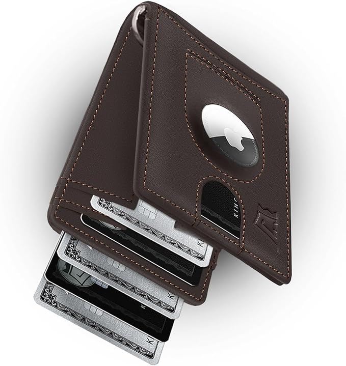 Kings Loot Trackable Airtag Wallet for Men | RFID Blocking Leather Design with Airtag Holder, Money Clip & Pull Tab | Minimalist Air Tag Wallets