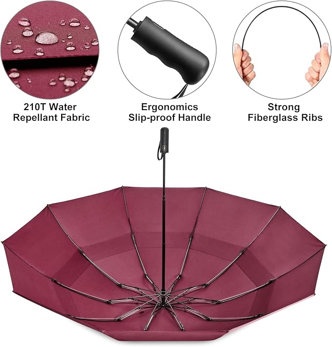 G4Free 42 Inch Inverted Compact Golf Umbrella for Rain Reverse Travel Umbrella 10 Ribs Windproof Portable Double Canopy Automatic Open Close for Women(Burgendy)
