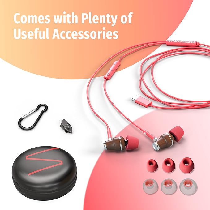 Symphonized Premium Wooden iPhone Earphones Wired (USB C) Deep Bass Sound, 3D Sound, Microphone Volume Control, 90% Noise Cancelling for Type C Devices. Earphones for iPhone 15 to 17 & Android