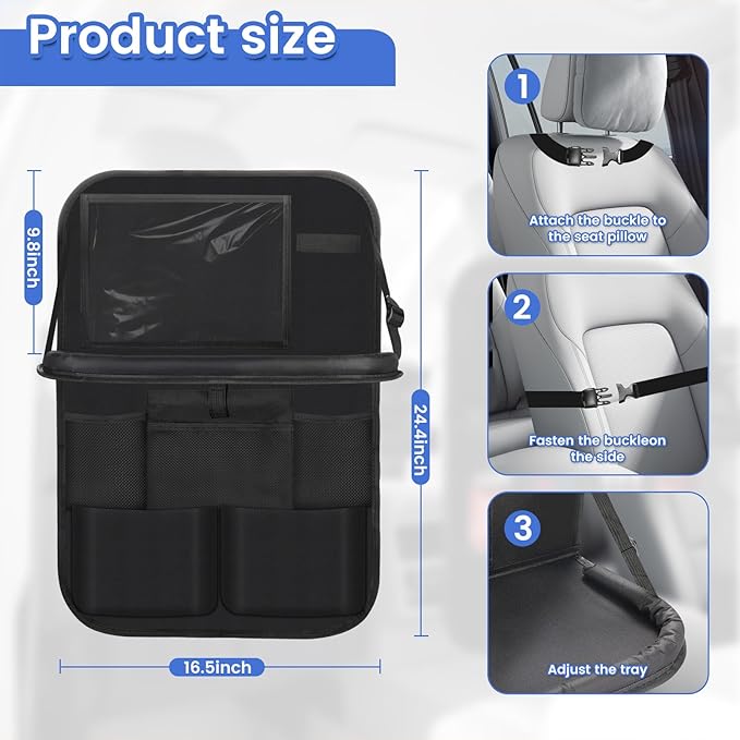 The car rear seat storage unit comes with a flat rack, 13 storage compartments, a foldable tray table, a rear seat kick pad, and can hold snacks and toys. It's black (2pieces【Dining table style】)