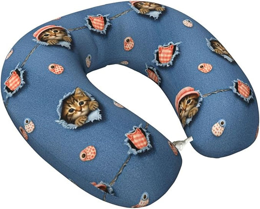 Travel Neck Pillow for Pain Relief Sleeping, Cute Cat Patterns Printed, Comfortable Memory Foam Chin Head Cushion Support with Zip Cover, Fashion Car Flight Pillows