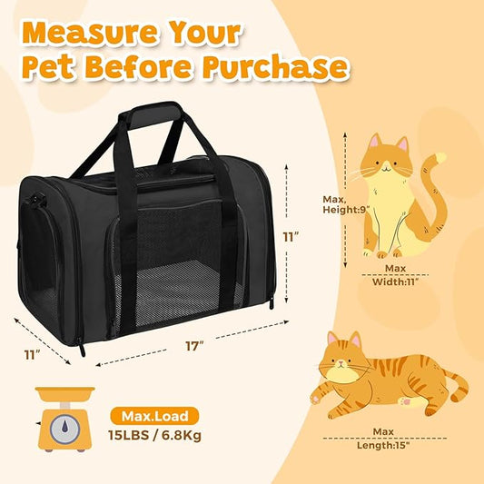 Cat Carrier Soft for Pets Up to 15 Lbs, Cat Travel Bag Soft-Sided with Padded Shoulder Strap, Pet Dog Carriers for Small Dogs Travel Puppy Carry Airline Approved, Black
