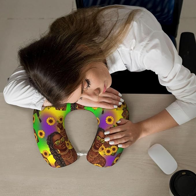 Memory Foam Neck Pillow African American Black Woman Girl Painting Sunflower, Travel U Shaped Airplane/Car/Flight Pillows with Removable Zipper Cover, Chin Head Neck Support Cushion