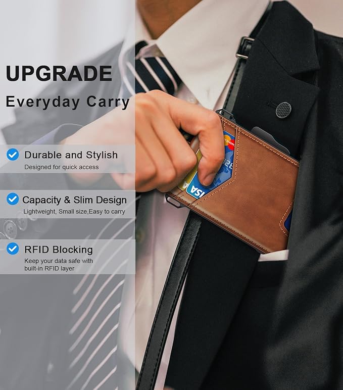 Wallet for Men, Minimalist Slim Mens Wallet with Money Clip, RFID Blocking Smart Pop Up Card Wallet with ID Window, Compact Bifold Wallet, Metal Aluminum Credit Card Holder(Brown)