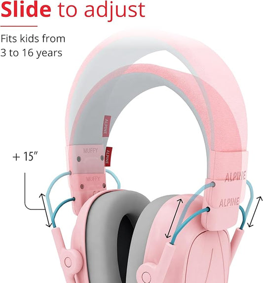Alpine Muffy Kids - Hearing Protection - CE & ANSI Certified - Adjustable for Ages 3-16 years - Noise Cancelling Headphones - 25dB Sound Reduction Ideal for Protection and Concentration Aid - Pink