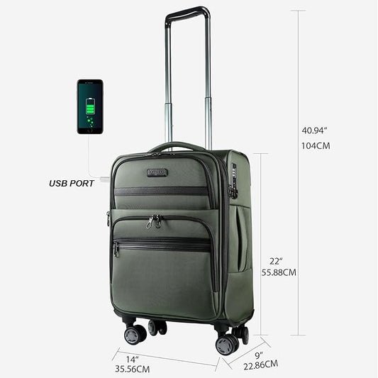 KROSER Softside Expandable Carry On Luggage with Front Business Pockets,20 Inch Suitcases with Spinner Wheels & Built-in TSA Lock, Durable Suitcase Rolling Luggage with USB Port, Army Green