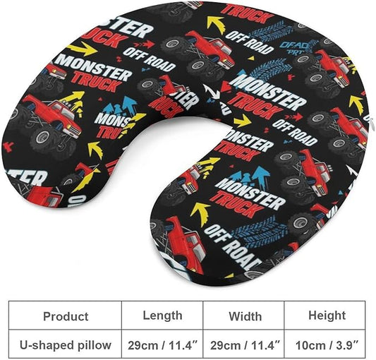 Stylish U Shaped Travel Neck Pillow Memory Foam Chin Support Monster Truck Car Red Black, Breathable Washable Cover for Airplane Car Office Decor