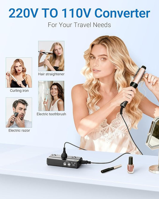 BESTEK Universal Travel Adapter 100-220V to 110V Voltage Converter 250W with 6A 4-Port USB Charging 3 AC Sockets and EU/UK/AU/US/India Worldwide Plug Adapter (Black)